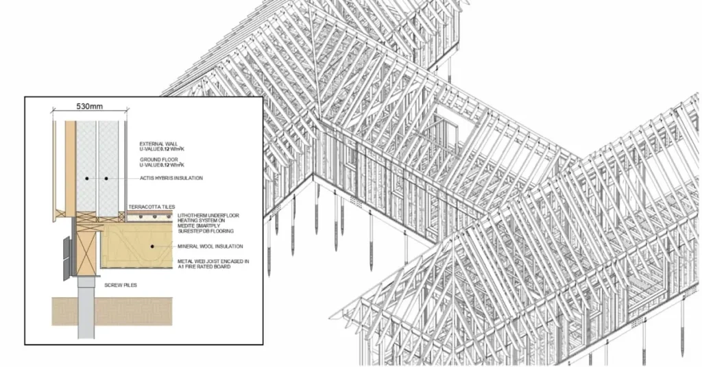 Technical drawing of a house's wooden framework showing the Bio Twin Wall system and Actis Hybris insulation layers.
