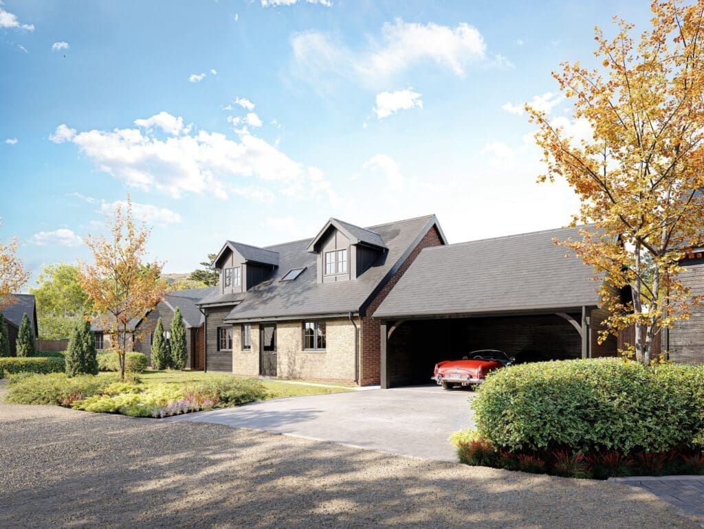 Modern house with a classic red car at the Foreland Homes development, featuring a sustainable timber frame Isle of Wight build.