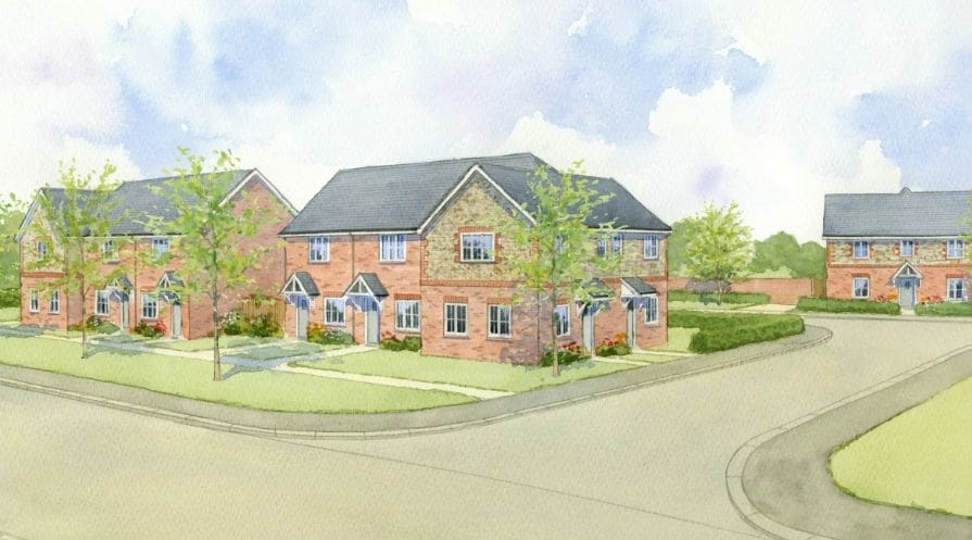 Watercolour illustration of a Highwood Grove street with sustainable timber frame Isle of Wight homes.