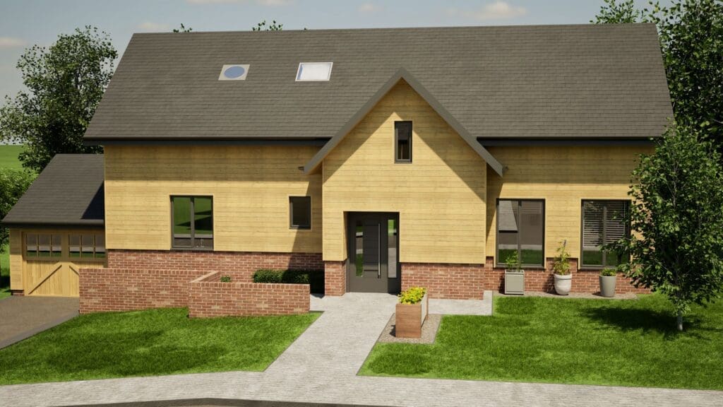 Modern two-storey house with wood and brick facade at Hunnyhill, highlighting self-build timber frames Isle of Wight.