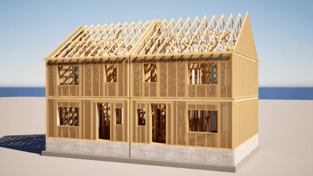 A 3D digital model of a two-story timber frame building under construction. The rendering displays the exposed wooden wall studs outlining window and door openings, floor joists, and a complex system of pitched roof trusses. The timber structure rests on a grey blockwork foundation against a clear blue sky.