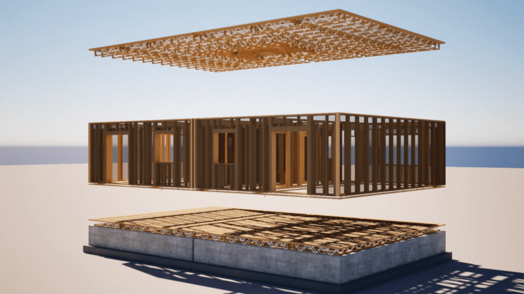 3D illustration of a modular building in layers showing a hemp insulation timber frame for Morrish Homes.