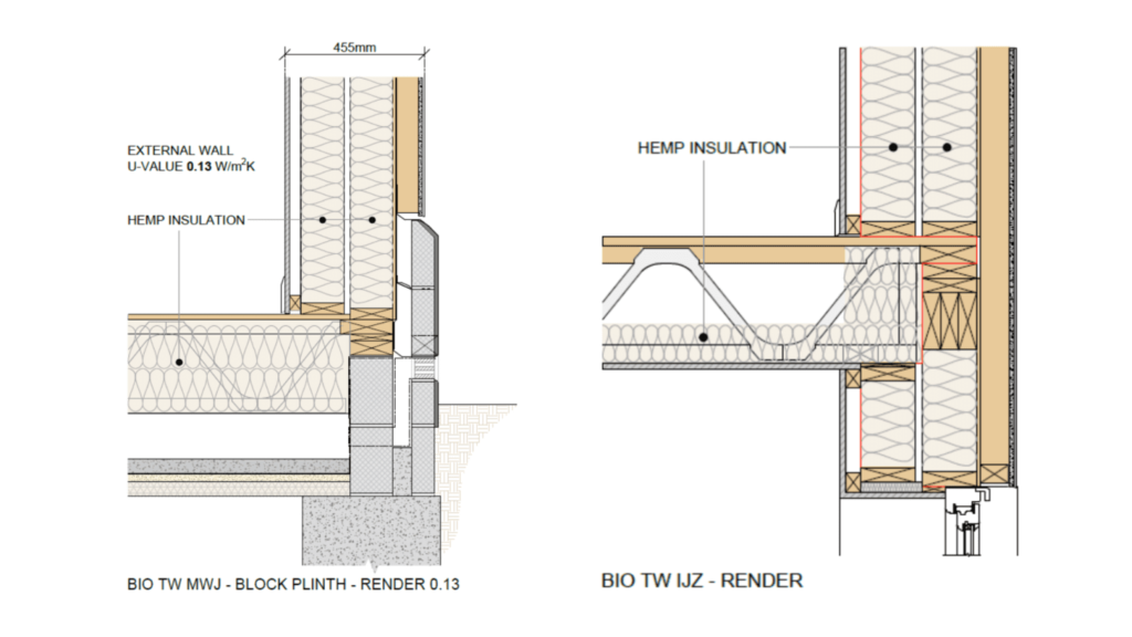Technical drawing showing two cross-sections of building walls with a hemp insulation timber frame for Morrish Homes.