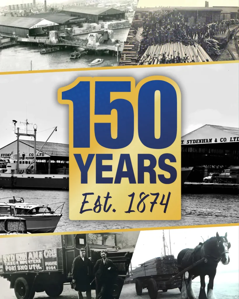 A graphic collage celebrating the company's heritage. The large central text reads "150 YEARS Est. 1874" in bold blue and gold typography. It is surrounded by several historical black-and-white and sepia photographs depicting old timber yards, groups of early workers, cargo ships, vintage motorized trucks, and horse-drawn timber carts.